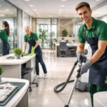 Professional cleaners maintaining a modern office