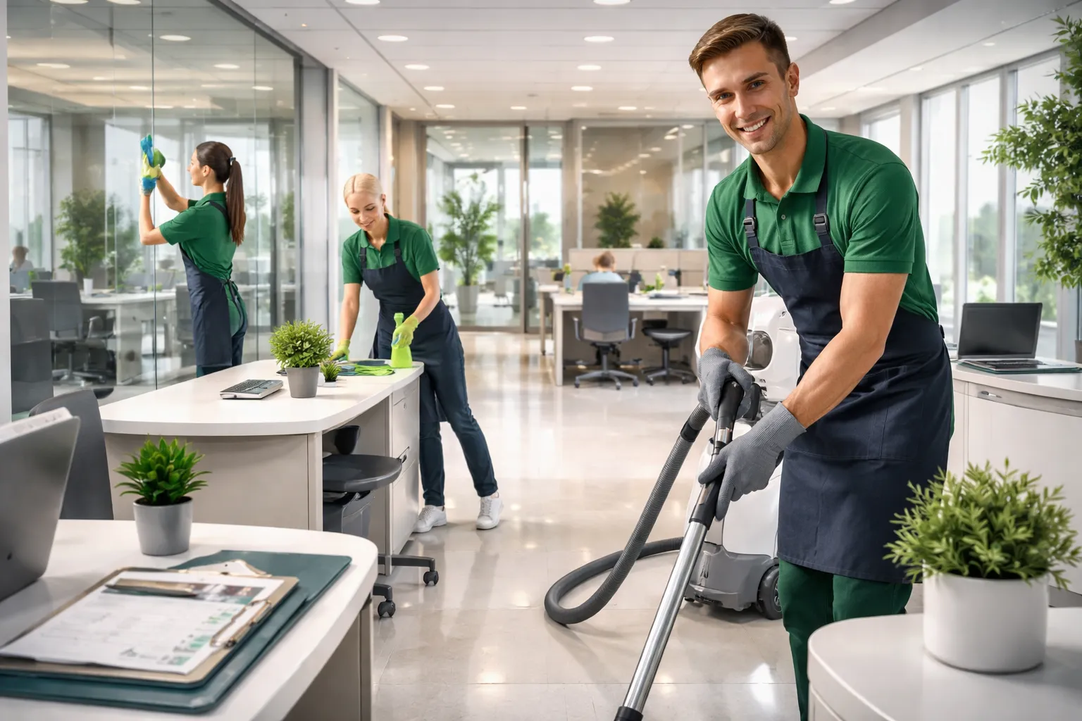 Professional cleaners maintaining a modern office